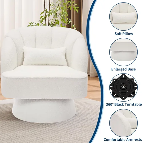 Miniatura 5 de GarveeHome Silla de Acento Moderna Giratoria Tipo Barril, Sillón Tapizado en Tela Teddy de 360° con Respaldo a Rayas y Acolchado de Felpa, Cómoda