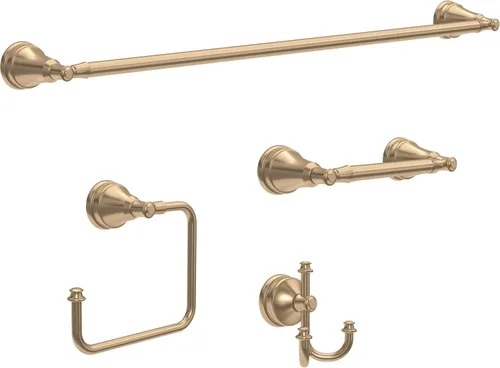 Delta Mylan MYN64-CZ - Juego de 4 toallas de baño de bronce champán de 18 pulgadas, soporte para papel higiénico, soporte para toallas de mano,