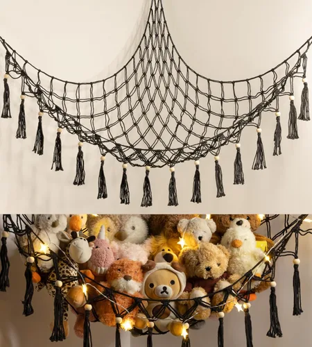 Miniatura 13 de Hamaca de almacenamiento para juguetes de animales de peluche con luz LED - Organizador de habitación jumbo de macramé para muñecas, decoración