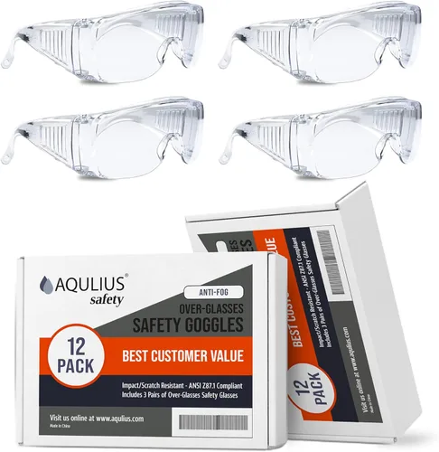 Aqulius Gafas de seguridad y gafas de seguridad, paquete de 12, policarbonato transparente, antivaho y resistente a los arañazos, protección ocular