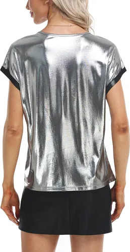 Miniatura 7 de MISS MOLY Camisetas brillantes de manga corta con cuello redondo holográfico metálico brillante para mujer