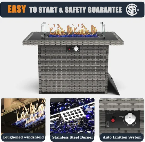 Miniatura 4 de Mesa para fogón de gas propano de 44 pulgadas para patio exterior, fogón rectangular al aire libre de mimbre de ratán de 60000 BTU con protector