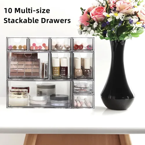 Miniatura 4 de Organizador de maquillaje acrílico, 10 cajones, organizador de almacenamiento transparente, cajones de almacenamiento apilables de escritorio