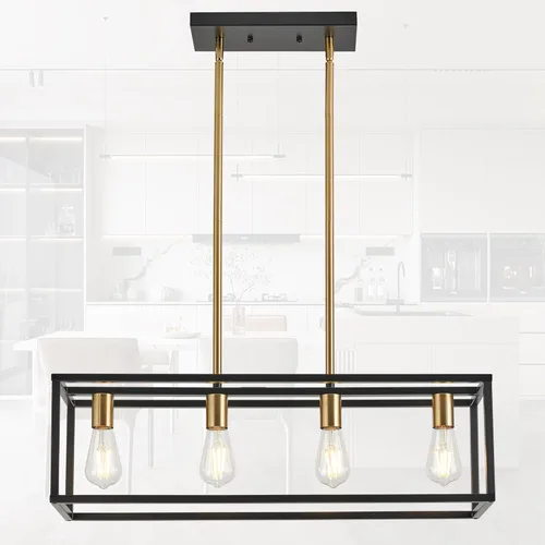 Miniatura 15 de Lámparas de Cocina para Comedor, Candelabros Rectangulares de Estilo Granja para Comedores, Lámpara Colgante Industrial de 5 Luces en Negro Mate