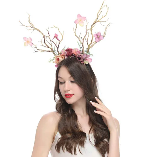 Minkissy Diadema de cornamenta de ciervo, diadema de cuernos de reno de Navidad, diadema de ramas de árbol, tocado para el cabello, accesorios para