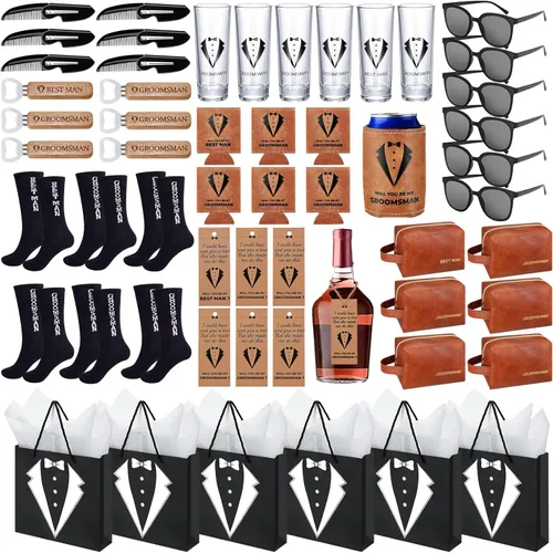 60 piezas de regalos para padrinos de boda, caja de propuesta para padrinos de boda con vasos de chupito, calcetines, gafas de sol, bolsa de aseo de