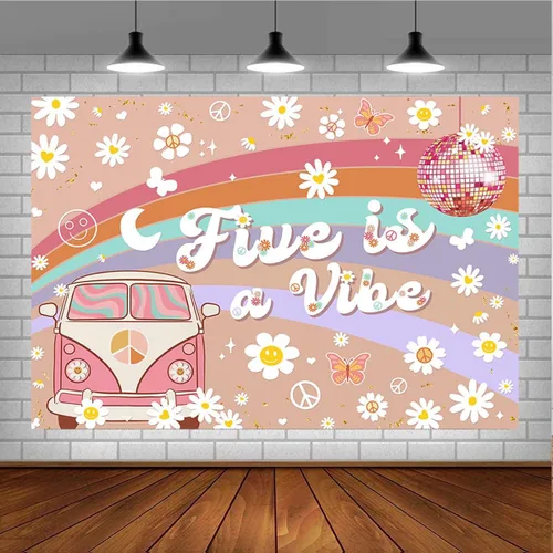 Miniatura 3 de Five is a Vibe Girl - Fondo de fotografía para fiesta de cumpleaños de 5 años, diseño de arco iris rosa, flores blancas pequeñas, telón de fondo
