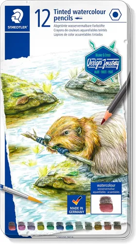 STAEDTLER - Lápices de grafito tintados solubles en agua, juego de artista de acuarela, pre-afilados, 12 colores en estuche de metal, 14610T M12