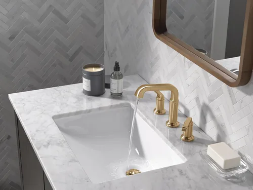 Miniatura 2 de Delta Grifo de baño Tetra Gold de 3 agujeros, grifo de baño dorado para lavabo de baño, tecnología de sello de diamante, drenaje de metal, bronce
