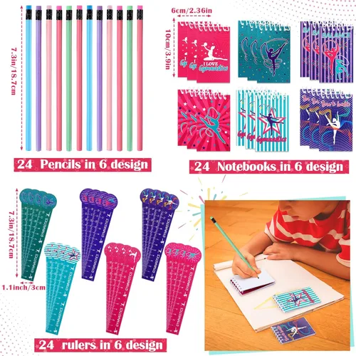 Miniatura 2 de Fulmoon 194 piezas de recuerdos de fiesta de gimnasia, mini bloc de notas, lápices lindos, marcadores divertidos, regla, sacapuntas, borradores