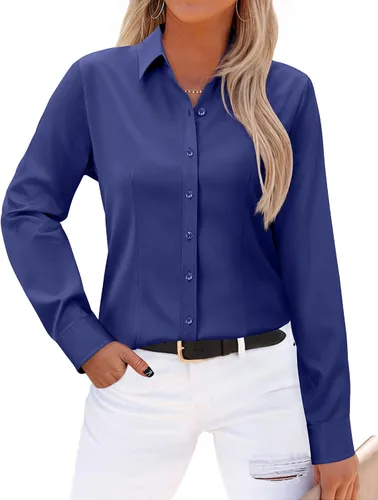Miniatura 16 de Gleeivy - Camisas abotonadas para mujer, sin arrugas, de manga larga, camisas de vestir casuales con cuello V, ajustadas, de un solo