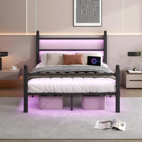 Miniatura 10 de CLIBFENG Base de cama individual con cabecera y estribo, listones de acero, base de cama LED con estación de carga USB, base de colchón