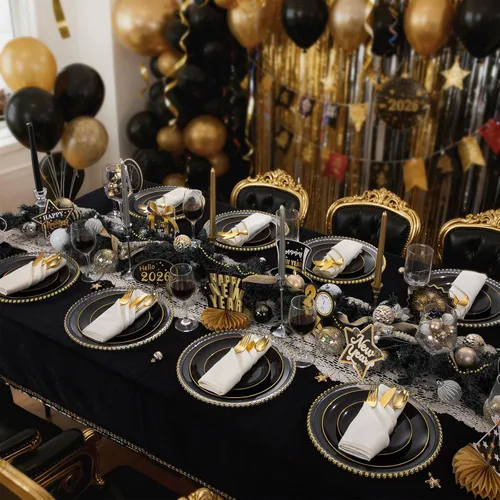 Miniatura 5 de WDF - 150 piezas de platos de plástico negros - Platos desechables negros y dorados - Juegos de vajilla desechables para 25 invitados
