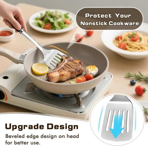 Miniatura 5 de Juego de 4 utensilios de cocina de acero inoxidable, herramientas de cocina de metal resistentes al calor, incluye espátula Wok sólida y ranurada