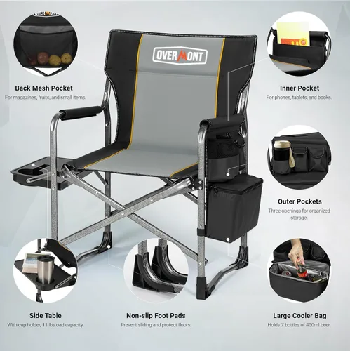 Miniatura 9 de Overmont Silla de campamento ligera de gran tamaño, portátil, cómoda, resistente, plegable, con mesa auxiliar y bolsa enfriadora para campamento