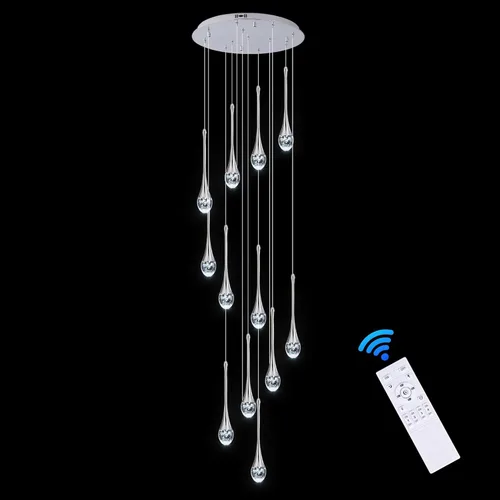 Candelabro moderno de cristal para escalera, cromo pulido, 12 luces, H120 pulgadas, gran techo alto, espiral, regulable, LED, gota de lluvia,