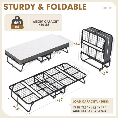 Miniatura 3 de INTERGREAT Cama plegable con colchón, cama plegable portátil de 75.2 x 31.5 pulgadas para adultos, cama plegable con colchón de 5 pulgadas