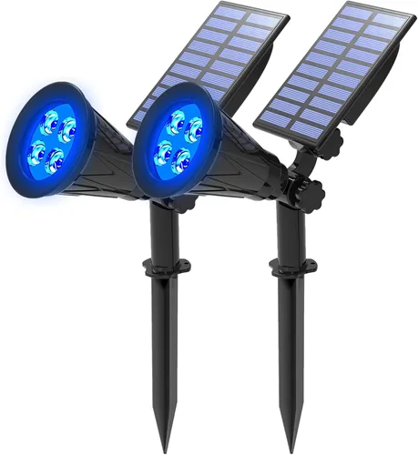 T-SUNUS - Luces solares azules para exteriores de Navidad, 2 modos de focos de jardín impermeables IP65, encendido/apagado automático, foco de