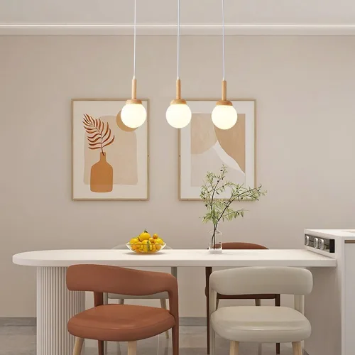 Miniatura 4 de Vintage Farmhouse Wood Pendant Lights, Modern 3 Head Ceiling Hanging Lighting, Milky White Globe Glass Shade Chandelier for Kitchen Island Dining