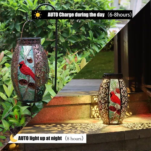 Miniatura 2 de Faroles solares colgantes para exteriores, luz LED cardenal de cristal, impermeable, hueca, decoración de metal, jardín, patio, regalos, mesa
