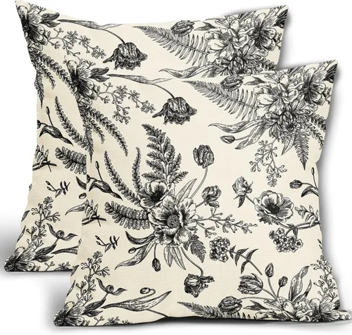 Sweetshow - Fundas de almohada decorativas negras con flores en crema, 16x16 pulgadas, paquete de 2, almohadas de estilo vintage negras y crema,