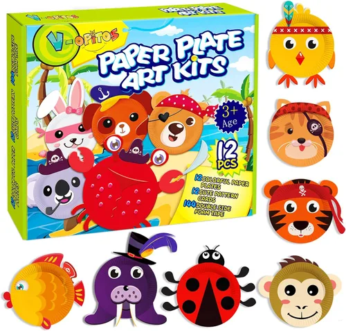V-Opitos Kits de artes y manualidades para niños, paquete de 12 manualidades de platos de papel, manualidades simples de animales para niños