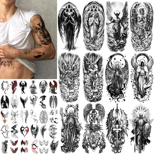 Miniatura 8 de 77 hojas de tatuajes temporales geométricos de animales, 17 hojas de medio brazo 3D de leones, zorro, lobo, búho, tigre, tatuajes falsos