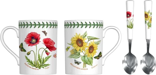 Portmeirion Botanic Garden - Juego de tazas y cucharaditas de cerámica y cucharas de acero inoxidable, motivos de amapola y girasol, esmalte
