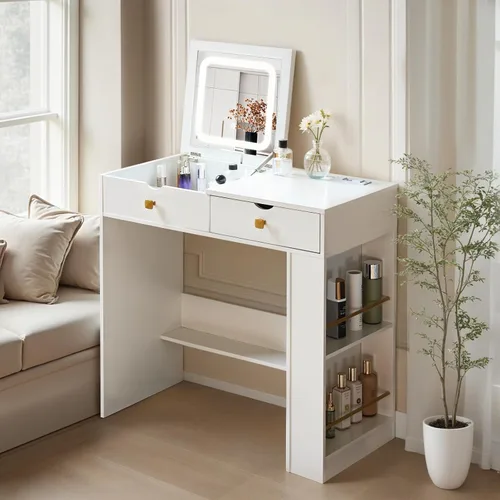 Escritorio de tocador con espejo abatible, mesa de tocador de maquillaje con 3 colores y brillo ajustable, organizador lateral pequeño con