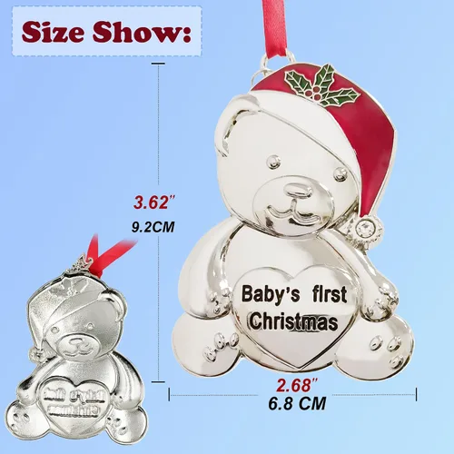Miniatura 2 de Adorno personalizado para la primera Navidad del bebé 2025, decoración del árbol de Navidad, oso de peluche de metal con gorro de Navidad rojo