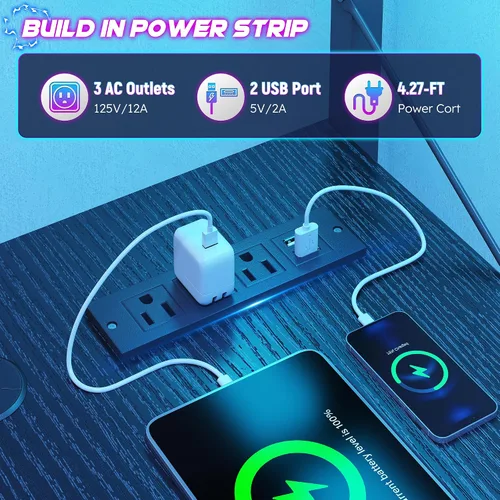 Miniatura 6 de DurayLoly Escritorio en forma de L para juegos con luz LED y toma de corriente, escritorio reversible en forma de L para computadora de 43.3