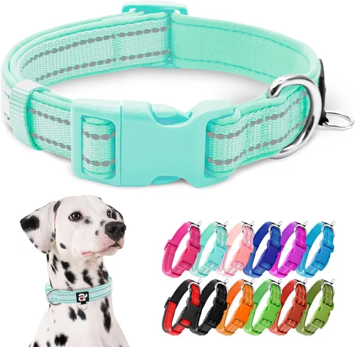 Miniatura 33 de azuza Collar reflectante para perro, de neopreno suave acolchado con anillo para etiqueta de identificación, ajustable para perros pequeños, azul