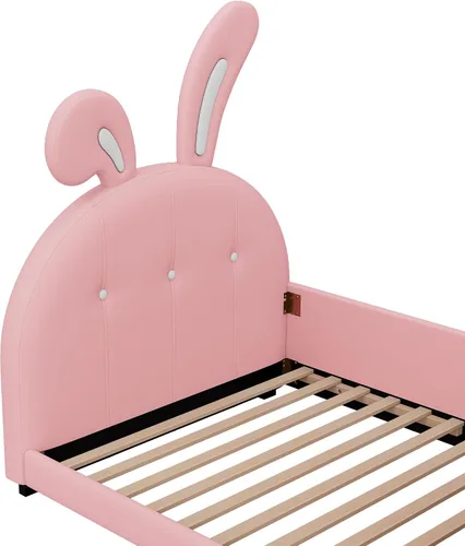 Miniatura 7 de Cama de princesa tapizada en forma de conejo de tamaño individual, moderna y bonita cama de plataforma de piel sintética con cabecero y estribo