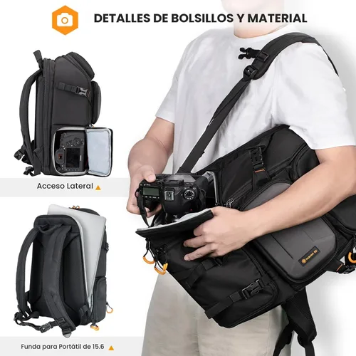 Miniatura 3 de TARION Mochila grande para cámara de 15 litros con compartimento para laptop de 15.6 pulgadas, acceso lateral y cubierta impermeable para fotografía