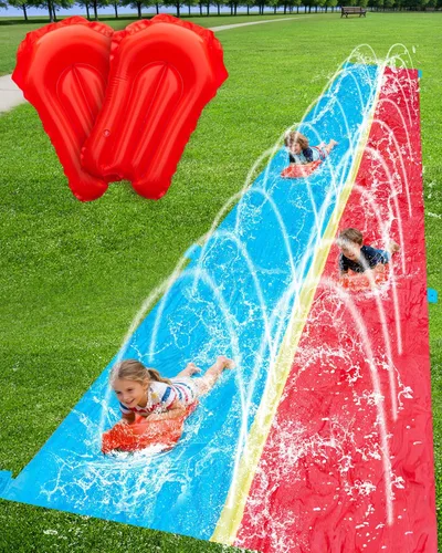 Spring Water Tobogán acuático de 20 pies para patio trasero de niños, tobogán acuático extra largo de 2 carriles con rociador, toboganes acuáticos