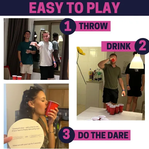 Miniatura 4 de Dare Pong - Juego completo de pong de cerveza y 50 posavasos con desafíos, juegos de beber perfectos y divertidos, juegos de mesa para adultos