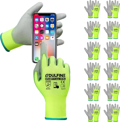 Miniatura 16 de DULFINE Guantes de trabajo de seguridad con revestimiento de poliuretano para hombres y mujeres - 12 pares, guante de punto sin costuras negro