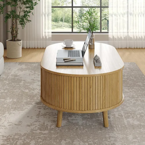 Miniatura 8 de Alohappy Mesa auxiliar ovalada de 42.5 pulgadas de ancho, mesa de centro moderna de mediados de siglo con puerta corrediza de tambor, mesa central