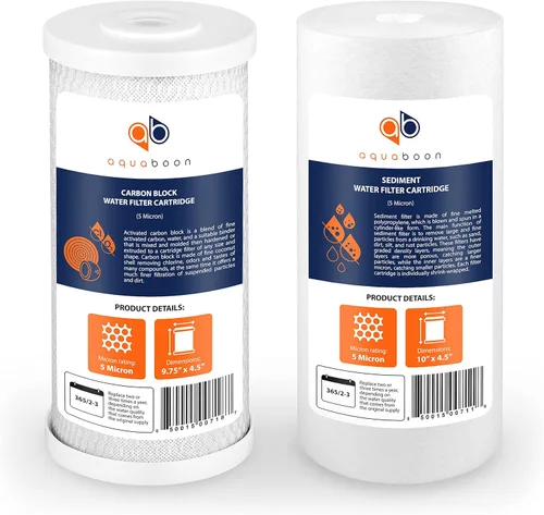 Aquaboon Juego de filtros de agua para toda la casa de 5 micras, 10 x 4.5 pulgadas, juego de filtros de carbono y sedimentos compatibles con FXHTC,