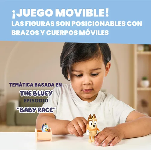 Miniatura 4 de Paquete de 2 figuras articuladas de juguete de carreras de Bluey Baby, juguetes de personajes con Chilli y bebé en cuna accesorio, figuras de acción