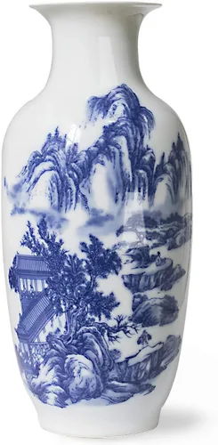 Dahlia Jarrón azul y blanco, florero de porcelana china hecho a mano, montaña celestial, forma de rouleau de 14 pulgadas