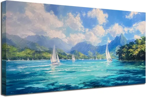 Miniatura 15 de Arjun Pintura de paisaje, puesta de sol, montaña, lago, lienzo, arte de pared, enmarcado grande, 40 x 20 pulgadas, azul suave, cálido, sereno
