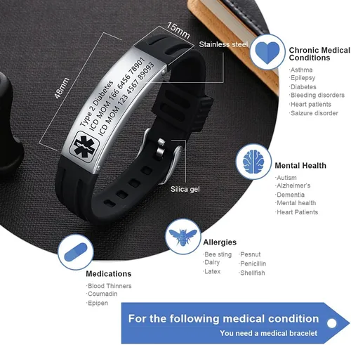 Miniatura 69 de OPALSTOCK Pulseras médicas personalizadas de silicona ajustable para identificación de emergencias, grabado gratuito, 9 pulgadas, resistente al