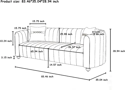 Miniatura 2 de Sofá de terciopelo negro de 83 pulgadas, sofá moderno de mediados de siglo para 3 personas Chesterfield copetudo de terciopelo con 2 almohadas