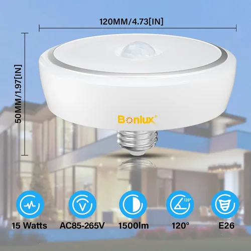 Miniatura 4 de Bonlux PIR - Lámpara de techo LED con sensor de movimiento, 15 W (equivalente a 150 W), base media E26, luz de techo LED de atardecer a amanecer