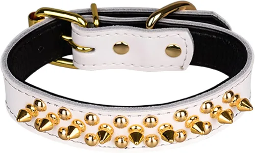 Miniatura 32 de Serijoars Collares ajustables de cuero genuino con tachuelas para mascotas pequeñas, medianas y grandes, Pit Bull, Bulldog, Pugs, Husky (M, morado)
