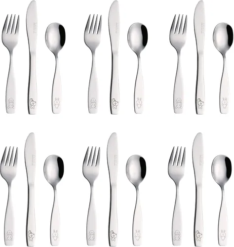 Miniatura 10 de Exzact Cubiertos para niños, 18 piezas, utensilios para niños pequeños, 6 tenedores, 6 cuchillos, 6 cucharas, aptos para lavavajillas, 2 años