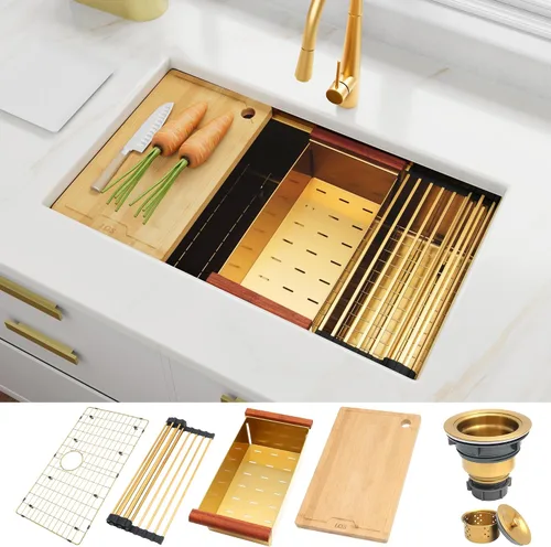 Miniatura 2 de LQS Fregadero de cocina dorado, fregadero de cocina dorado de 32 pulgadas, fregadero de cocina de calibre 16 de acero inoxidable de 32 x 19 pulgadas