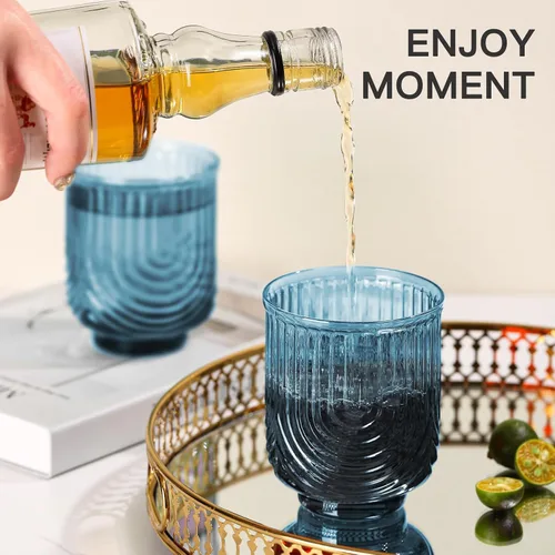 Miniatura 6 de JOVGANK Juego de cristalería azul vintage de 6 a 14 onzas, vaso de agua azul Art Deco, vaso de cóctel de whisky, jugo de café helado, regalos