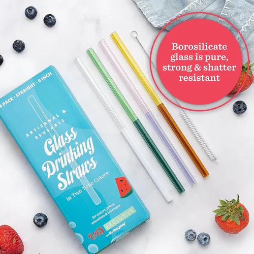 Miniatura 4 de Pajitas de vidrio – Dos colores – Juego de 5 unidades para beber jugos, batidos, aguas, resistentes a roturas, reutilizables, elegantes